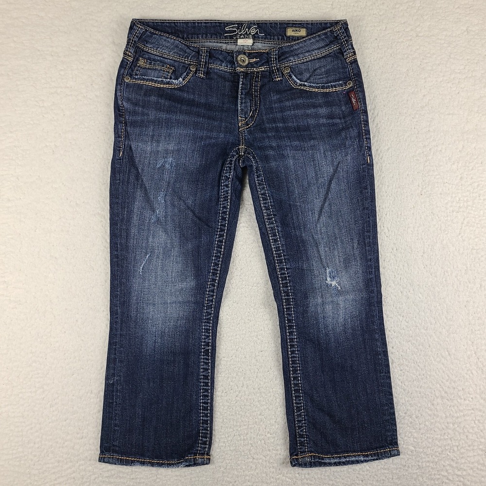 Silver Jeans Womens 29‎ Blue Aiko Capri Distress Dark Wash Denim